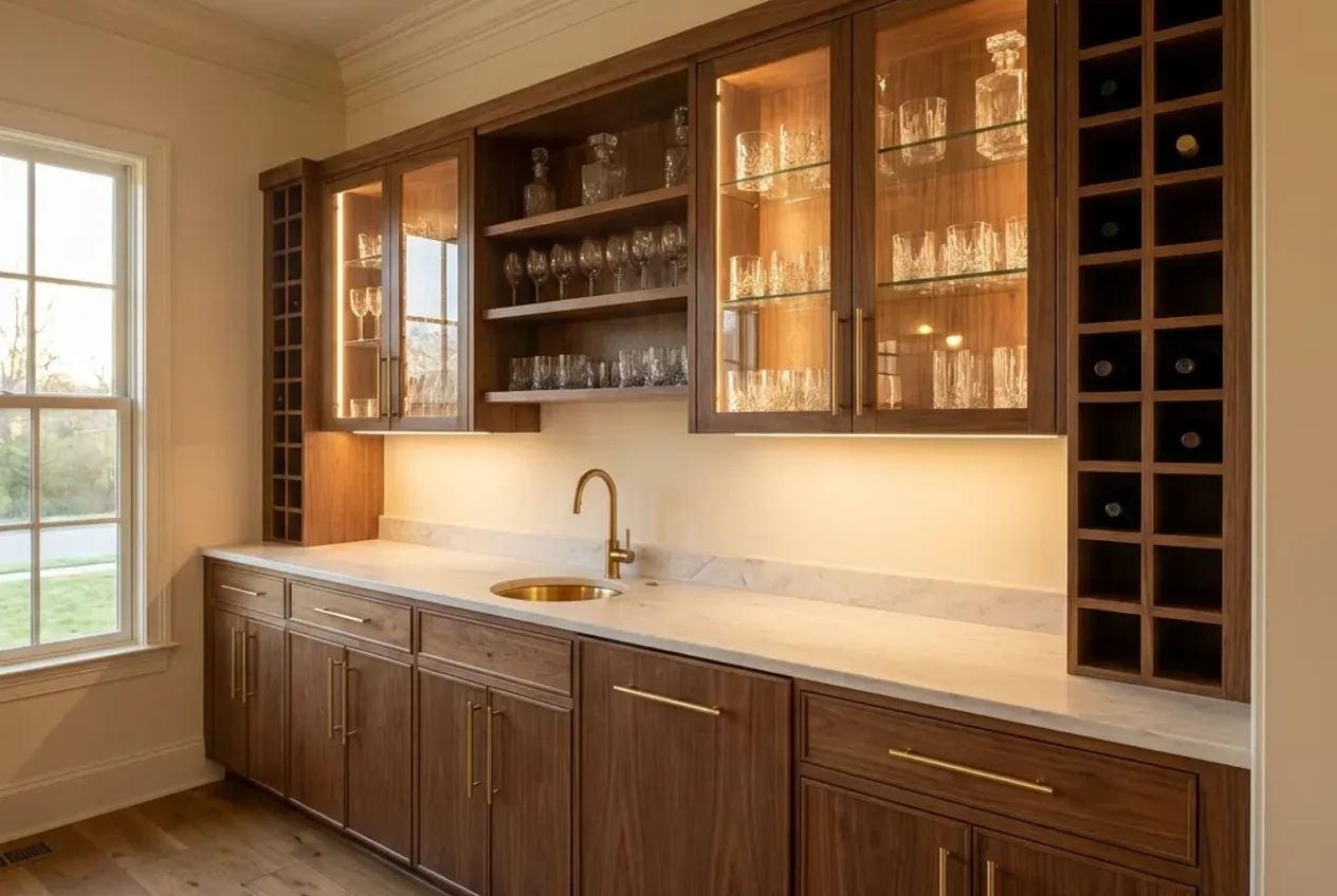 A built-in bar wall of walnut cabinetry with lit glass-front uppers, brass pulls, a marble counter and a wine column