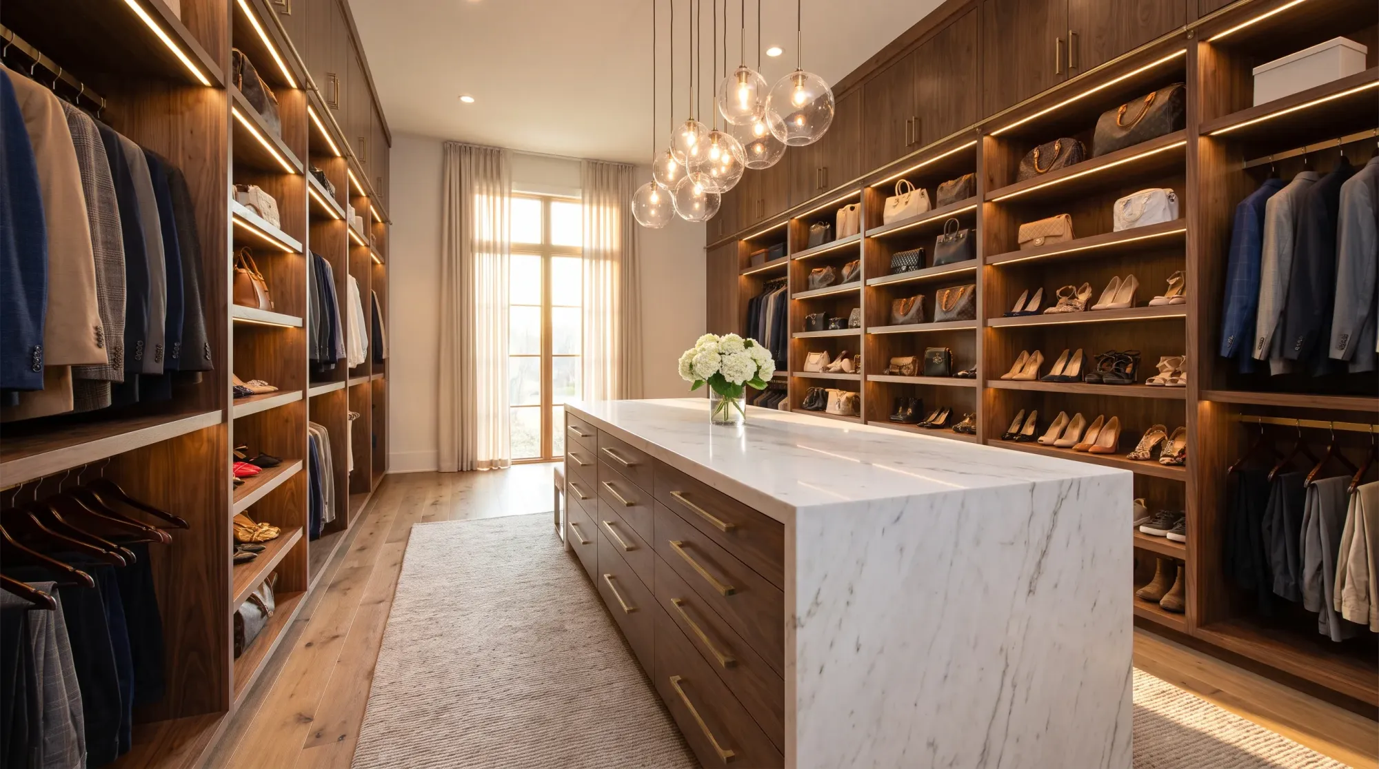 A walnut walk-in closet with a white marble island, brass drawer pulls and lit shelving for handbags and shoes